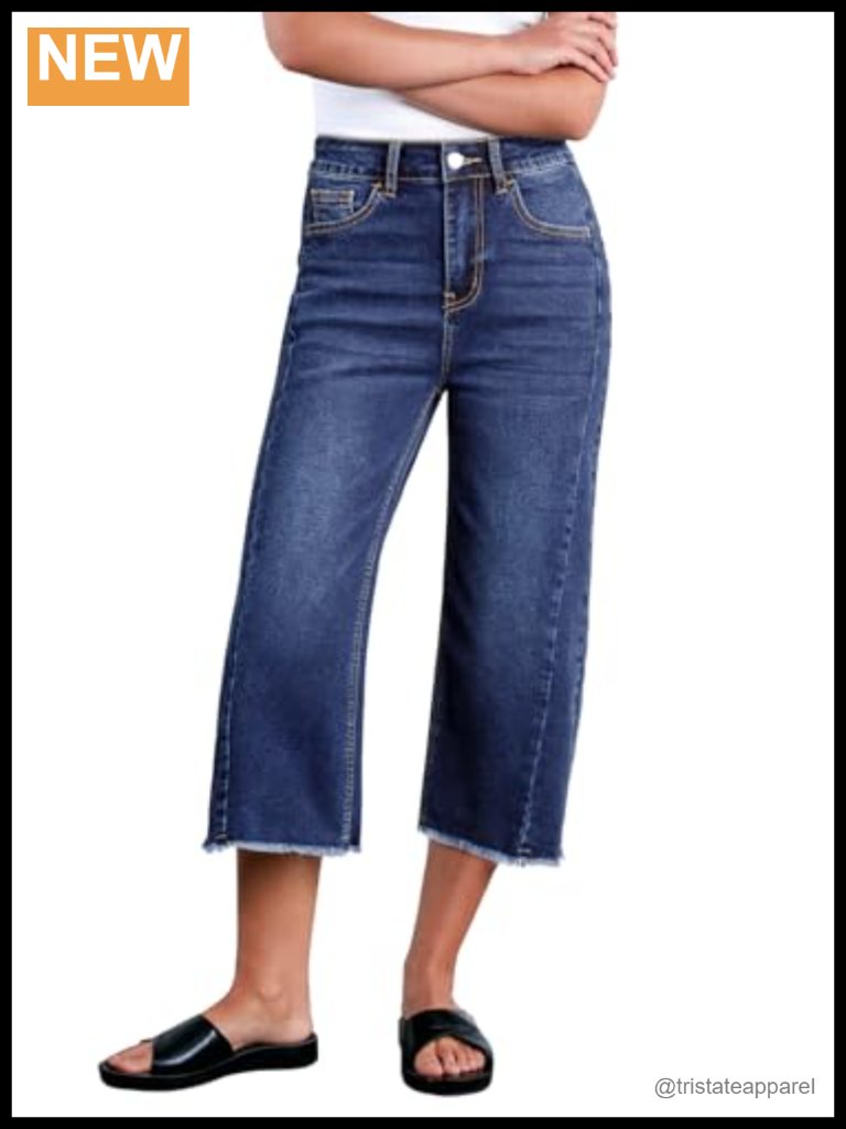 High Waisted Wide Leg Capri Jeans Stretchy Raw Hem Side Seam Denim Pants